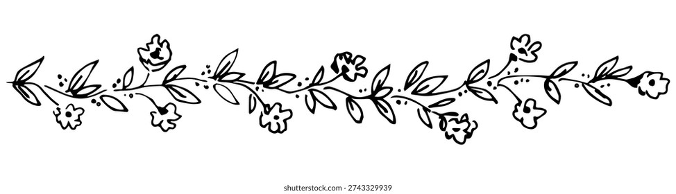 Simple hand-drawn vector drawing with a black outline. Long floral garland, border. Branches with leaves, small flowers, twigs. Nature and plant. Sketch in ink.