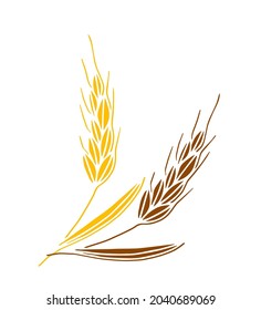 Simple hand-drawn vector drawing. Brown, gold spikelet of wheat isolated on white background. Cereals, flour products. For printing, label, logo, shop, bakery.