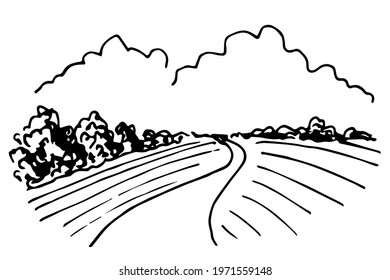 Simple hand-drawn vector drawing in engraving style. Rural landscape, road, farm fields, arable land, growing vegetables. Summer nature, clouds in the sky, country trip. Ink sketch.