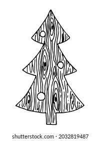 Simple hand-drawn vector drawing in engraving style. Christmas tree made of a wooden board, Christmas decoration. Wood structure.