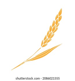 Simple hand-drawn vector drawing. Gold spikelet of wheat isolated on white background. Cereals, flour products. For printing, label, logo, shop, bakery.