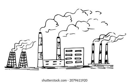 Simple hand-drawn vector drawing. Heat power station, smoking chimneys of the plant and factory. Air pollution, smog, global warming. Ink sketch.