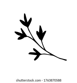 Simple hand-drawn vector drawing. Sprig with leaves, black silhouette on a white background. Element of nature, plant, flower branch. 