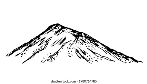 Simple hand-drawn vector drawing in the style of engraving. High mountain, wilderness, landscape. For printing, labels, tourism, mountaineering.