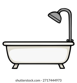 Ilustración vectorial sencilla dibujada a mano de una bañera de porcelana blanca clásica con un alto cabezal de ducha gris curvado y pies Pequeños aislados sobre un fondo liso.