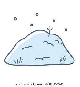 A simple hand-drawn vector illustration featuring a small hill covered in fresh snow with a tiny sprout poking through and falling snowflakes