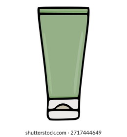 Una Ilustración vectorial simple, dibujada a mano de un tubo de compresión verde con un casquillo blanco, conveniente para la representación del producto de la belleza o del cuidado de la piel.
