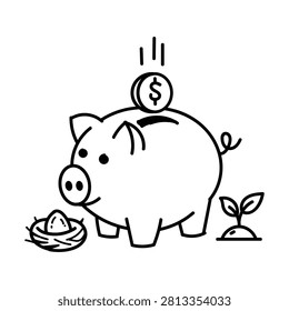 A simple, hand-drawn vector illustration of a piggy bank receiving a dollar coin, accompanied by a nest egg and a small growing plant, symbolizing financial savings, wealth growth, investment, and future security.