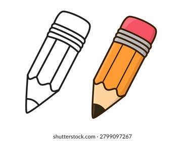 A simple, hand-drawn vector illustration of a short, chunky pencil, featuring an uncolored line art version beside a colored orange version with a red eraser tip.