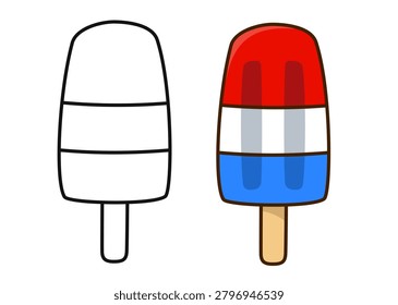 A simple, hand-drawn vector illustration of a three-layered ice pop on a wooden stick, showing an uncolored outline version next to a red, white, and blue filled version.