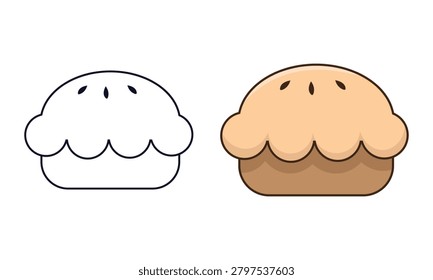 A simple, hand-drawn vector illustration of a whole baked pie with a fluted crust edge, featuring an uncolored line art version beside a light brown colored version.
