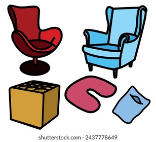 Simple handdrawn vector illustrations set: furniture icons collection - comfortable sofa, armchair, livingroom pieces