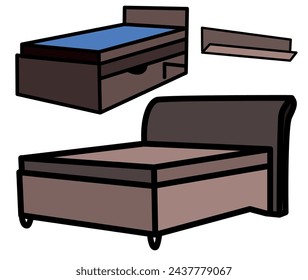 Simple handdrawn vector illustrations set: furniture icons collection - living room or children room, comfortable bed and other useful furniture