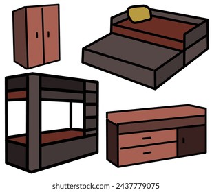 Simple handdrawn vector illustrations set: furniture icons collection - living room or children room, comfortable bed and other useful furniture