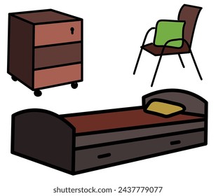 Simple handdrawn vector illustrations set: furniture icons collection - living room or children room, comfortable bed and other useful furniture