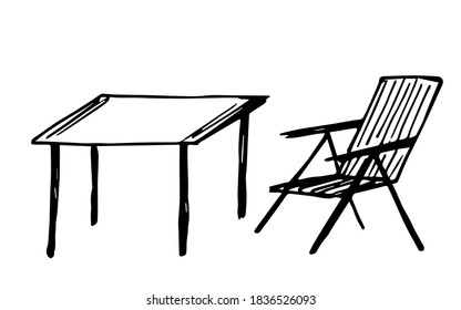 Simple Hand-drawn Vector Ink Sketch. Table And Folding Chair, Outdoor Furniture, Cafe, Camping.