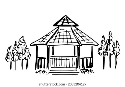 Simple hand-drawn vector ink sketch. Summer gazebo in the garden, trees. Black outline drawing.