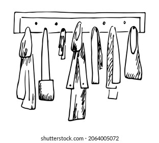 Simple hand-drawn vector ink sketch. Open hanger in the hallway, outerwear, bags. Home interior.