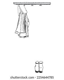 Simple hand-drawn vector ink sketch. Open hanger in the hallway, outerwear. Home interior.