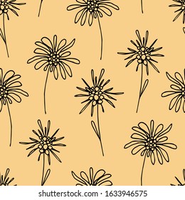 Simple hand-drawn vector seamless floral pattern. Doodle flowers black outline on a beige background. For the design of fabric, wallpaper, bedding, clothes.