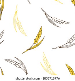 Simple hand-drawn vector seamless pattern. Gold spikelets, contour of wheat on a white background. For decoration of flour products, prints, packaging. Farm harvest of cereals, bread, baked goods.