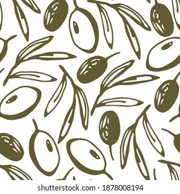 Simple hand-drawn vector seamless pattern. Olive, leaves, branch on a white background. Farming harvest, vegan food, cultivation, production. For packaging design, kitchen textiles, label.