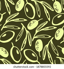 Simple hand-drawn vector seamless pattern. Olive, leaves, branch on a dark background. Farming harvest, vegan food, cultivation, production. For packaging design, kitchen textiles, label, wallpaper.