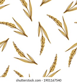 Simple hand-drawn vector seamless pattern. Golden spikelets of wheat on a white background. Cereals, bread, pastries, flour. For packaging prints, labels. Farm harvest.