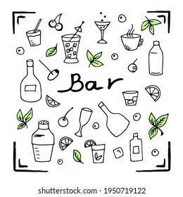 Simple hand-drawn vector set of bar design elements. Alcoholic drinks, bottles of liquor, glass of champagne, cocktail, green mint leaves. Black outline on a white background.