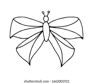 Simple hand-drawn vector sketch in black outline. Stylized abstract moth butterfly isolated on a white background. For prints, children's coloring, gift design, greeting cards, labels. Insects, nature