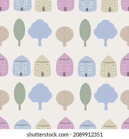 Simple Handdrawn Village Seamless Pattern, Homes with Pastel Colors Wallpaper, Background for Kids and Children, Clean and Cute Town Landscape Print.