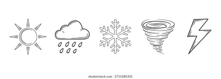 Iconos de Clima dibujados a mano que representan varias condiciones atmosféricas como el sol, la lluvia, la nieve y las tormentas.