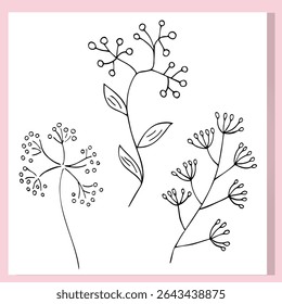 Simple hand-drawn wildflowers in black outline. Minimalist floral doodles perfect for coloring pages, botanical design, nature stickers, and line art projects.