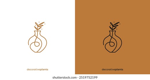 Simple Handmade Pottery Logo Aesthetic Decorative Plants with Linear Outline Logo Design Icon Symbol Vector Inspiration.