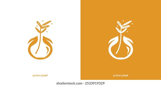 Logotipo simples artesanal de cerâmica Plantas decorativas estéticas com estilo minimalista. A cerâmica deixa o ícone do design do logotipo Inspiração do vetor do símbolo.