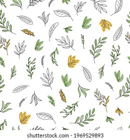 Simple hand-painted line art vector illustration with leaves. The seamless natural pattern for wallpaper, wrapping paper, surface design.