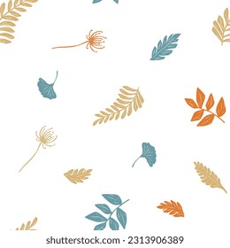 Simple hand-painted vector illustration with leaves. The seamless natural pattern for wallpaper, wrapping paper, surface design