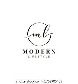 Letra simple con logotipo ML de manuscrito con círculo en color negro