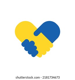 Simple Handshake forming heart icon isolated on white background. Blue and yellow colors. Pray for Ukraine. Vector illustration EPS 10