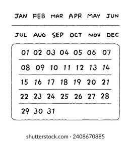 Simple handwritten date in classic style. Vector handwritten numbers calendar. 