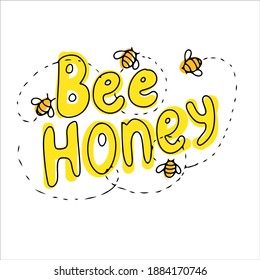 simple handwritten doodle style lettering. natural bee honey. letters and small bees around. Vector illustration isolated on white background.