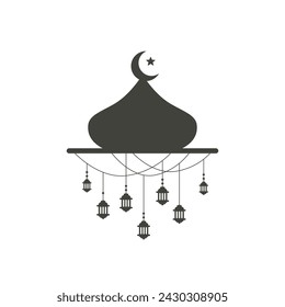 Simple hanging Arabic traditional Ramadan Kareem lantern on Mosque dome. Eid Fitr or Adha Mubarak lamp Greeting crescent moon and star symbol Outline line icon Vector Illustration