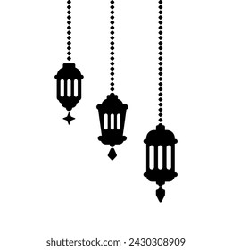 Simple colgante arábigo tradicional linterna de Ramadán Kareem. Eid Fitr o lámpara de Adha Mubarak Saludo luna creciente y símbolo de la estrella Icono de línea de contorno negro Vector Ilustración
