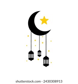 Simple hanging Arabic traditional Ramadan Kareem lantern on crescent moon and stars. Eid Fitr or Adha Mubarak lamp Greeting card symbol Outline line icon Vector Illustration