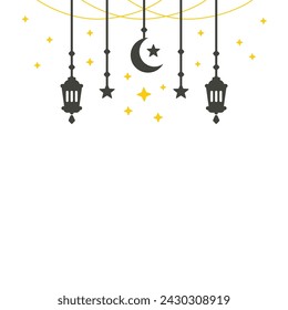 Simple hanging Arabic traditional Ramadan Kareem lantern. Eid Fitr or Adha Mubarak lamp Greeting crescent moon and yellow stars symbol Outline line icon Vector Illustration