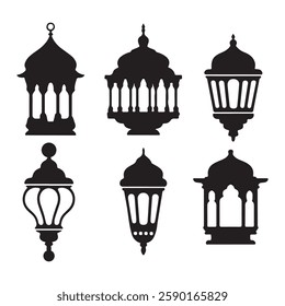 Simple hanging Arabic traditional Ramadan Kareem lantern collection set. Eid Fitr or Adha Mubarak lamp