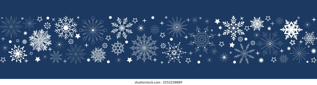 Simple hanging christmas white snowflakes on seamless border. Christmas and Happy New Year background. A glowing blue abstract banner background with snowflakes and a winter holiday theme decoration.