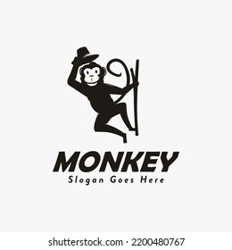 Simple Hanging Monkey Logo Vector Design, Monkey Holding Hat Logo On White Background,