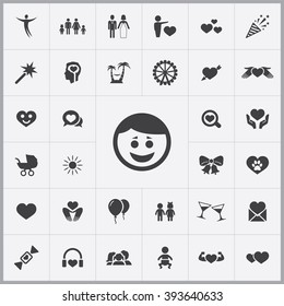 Simple happiness icons set. Universal happiness icons to use for web and mobile UI, set of basic happiness elements 