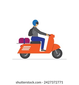 Simple happiness tourist riding motorbike transportation for solo travel, journey and relaxation long journey trip concept, copy space for text white background editable object or shape